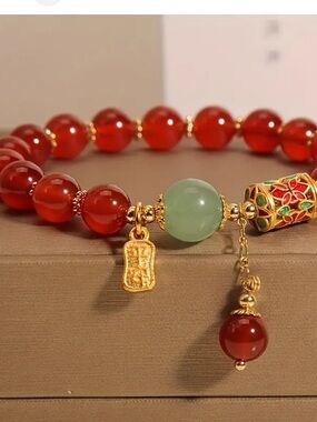 1956**Red Agate Beaded Charm Bracelet with Gold Accents